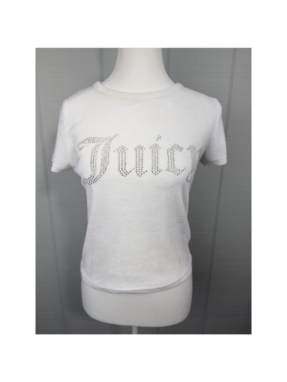 Juicy Couture Sleepwear White Top SM Fitted T-Shirt Rhinestone Logo Velour Y2K